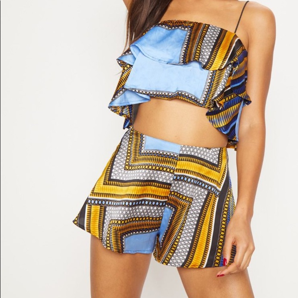 Blue Satin Tribal Print Cami Top & Short